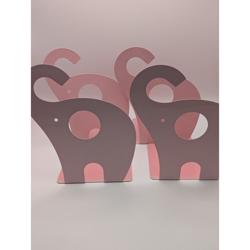 Set of 4 Pink Elephant Metal Bookends Cute Cartoon Animal Nursery Kids Room...